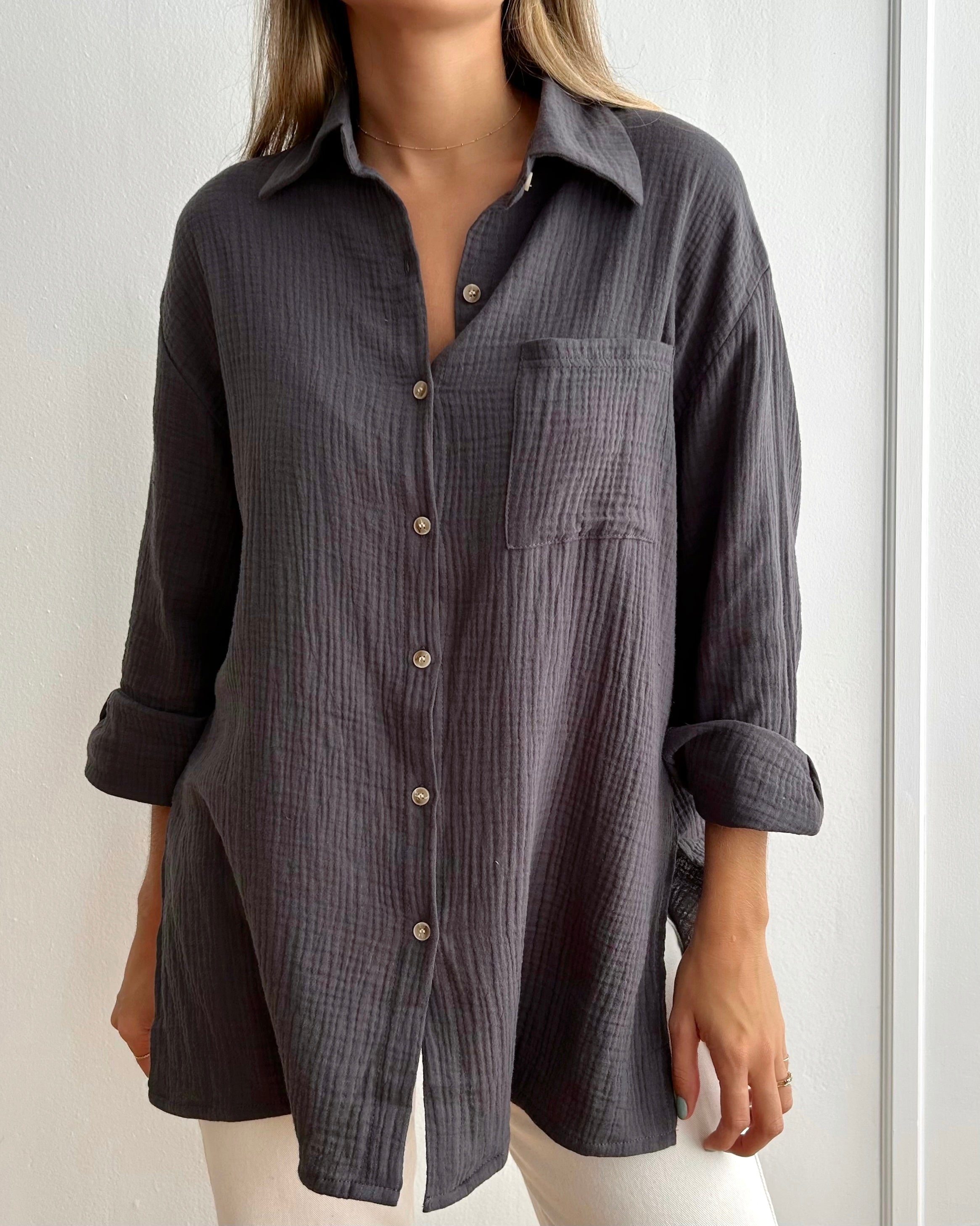 Organic cotton gauze button down. Sustainable and ethically made. Small batch made. 