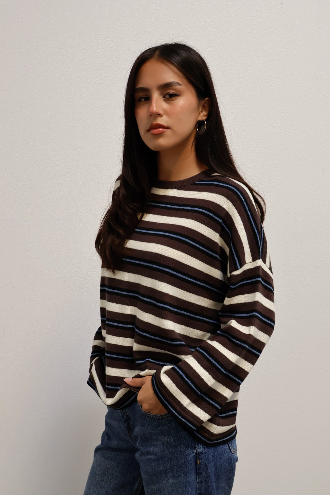 Everyday Crew Knit // Chocolate Blue Stripe